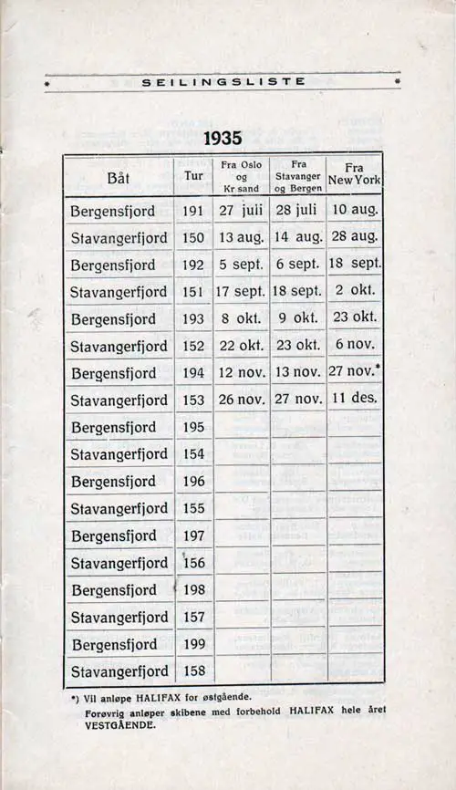 Sailing Schedule for the SS Bergensfjord and SS Stavangerfjord from 27 July through 11 December 1935.