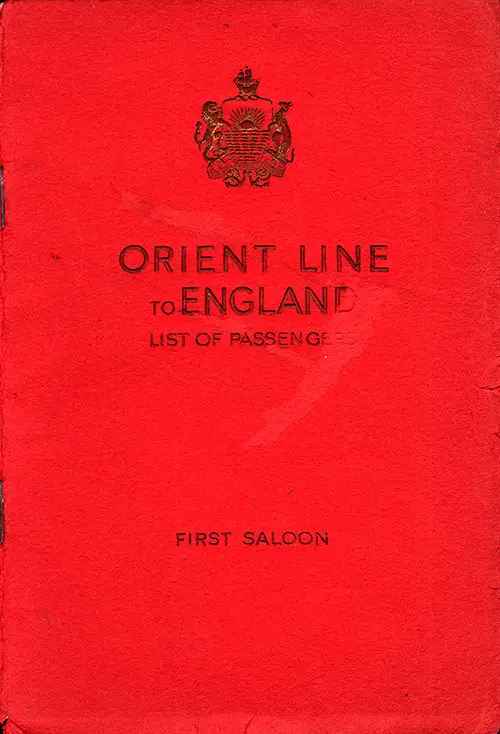 Front Cover, First Saloon Passenger List for the RMS Orion of the Orient Line, Departing 7 February 1948 from Sydney to Southampton.