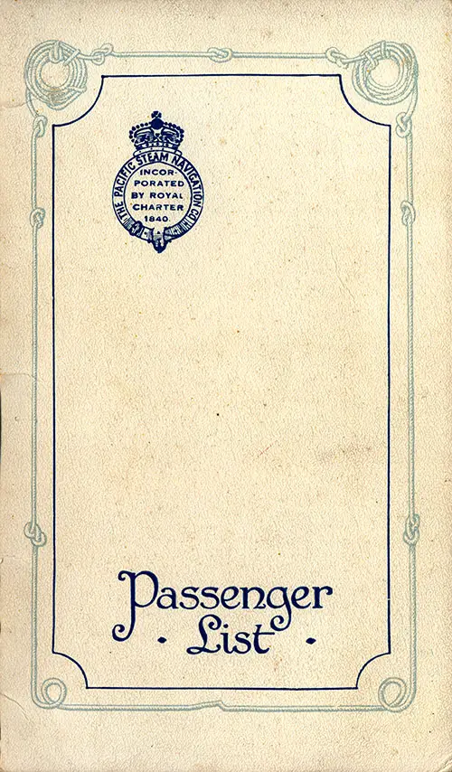 Front Cover - Passenger List, Pacific Line (PSNC), RMS Oroya, 22 January 1925