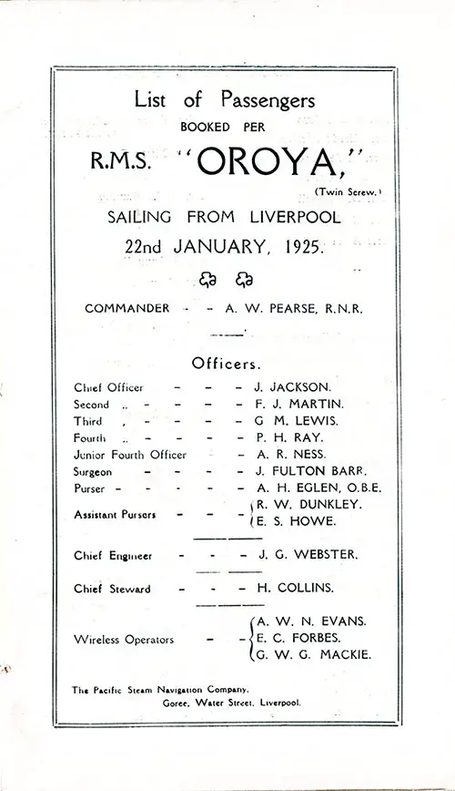 Title Page and List of Senior Officers and Staff, SS Oroya Passenger List, 22 January 1925.