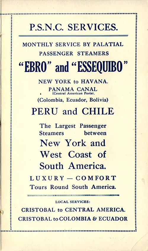 P.S.N.C. Services, Monthly Service by Palatial Passenger Steamers SS Ebro and SS Essequibo, 1925.