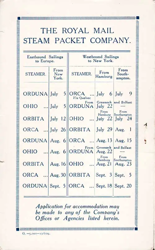 Sailing Schedule, New York-Hamburg-Southampton, from 5 July 1924 to 20 September 1924.