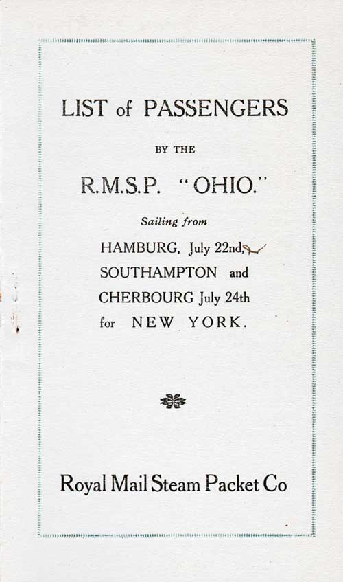 Title Page, SS Ohio Cabin Passenger List, 22 July 1924.
