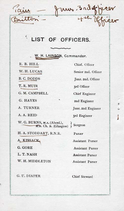 List of Senior Officers and Staff on the SS Ohio for the Voyage of 22 July 1924.