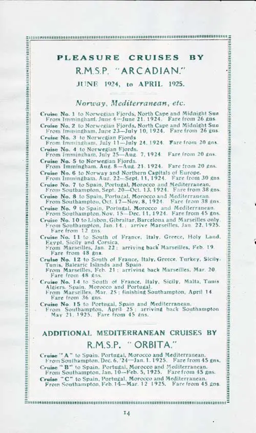 Advertisement: Pleasure Cruises by the RMSP Arcadian from June 1924 to April 1925.