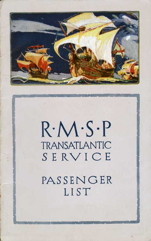 Front Cover - 17 September 1926 Passenger List, SS Ohio, Royal Mail Steam Packet Co (R.M.S.P.)