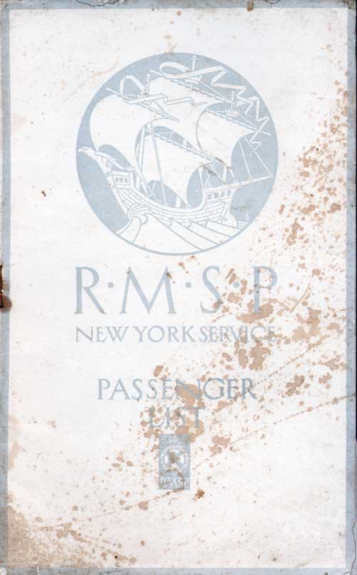 Front Cover, Cabin Passenger List for the SS Orbita of the RMSP, Departing Wednesday, 1 August 1923 from Hamburg to New York.