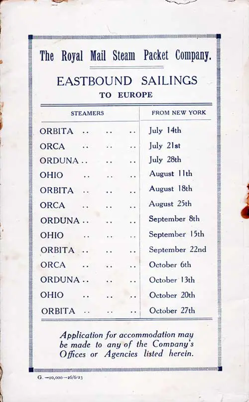 Eastbound Sailing Schedule, New York to Europe, from 14 July 1923 to 27 October 1923.