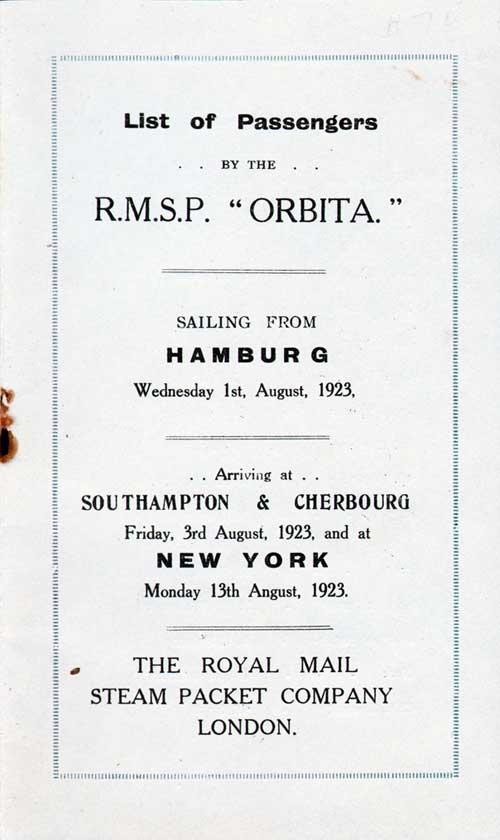 Title Page, SS Orbita Cabin Passenger List, 1 August 1923.