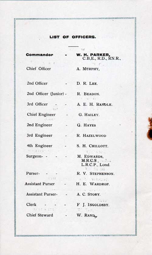 List of Senior Officers and Staff of the SS Orbita for the Voyage of 1 August 1923.
