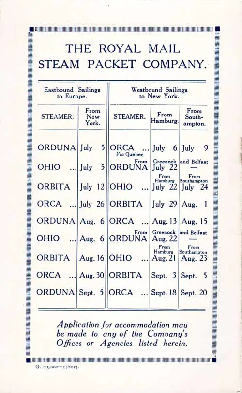 Sailing Schedule, New York-Hamburg-Southampton, from 5 July 1924 to 20 September 1924.