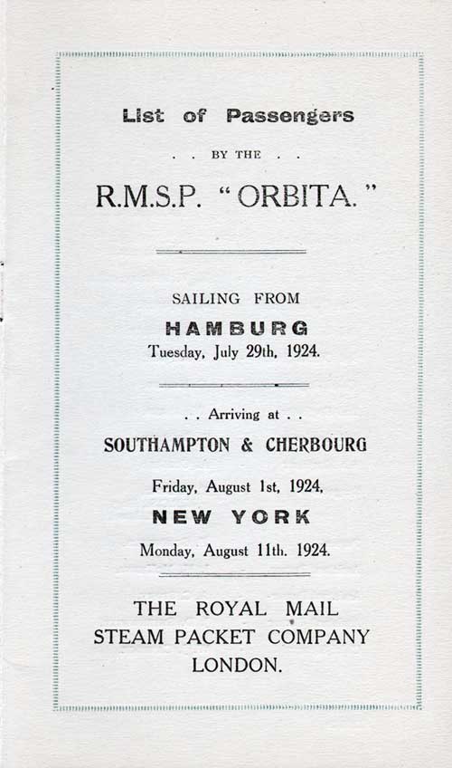 Title Page, SS Orbita Cabin Passenger List, 29 July 1924.