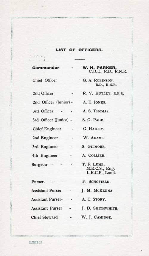List of Senior Officers and Staff on the SS Orbita for the Voyage beginning 29 July 1924.