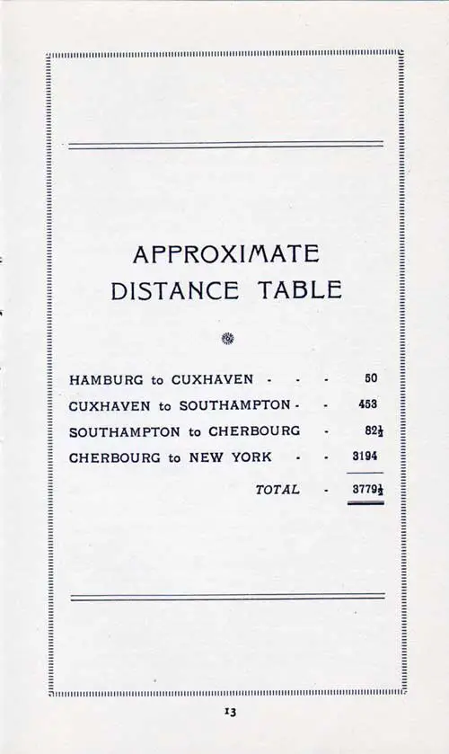 Approximate Distance Table, Hamburg-Southampton-Cherbourg-New York. SS Orbita Passenger List, 29 July 1924.