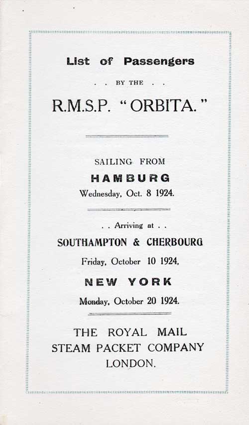 Title Page, SS Orbita Cabin Class Passenger List, 8 October 1924.