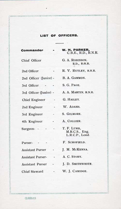 List of Senior Officers and Staff on the SS Orbita Voyage of 8 October 1924.