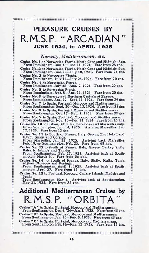 Pleasure Cruises by the R.M.S.P. "Arcadian" from June 1924 to April 1925 Covering Norway, Mediterranean, etc.