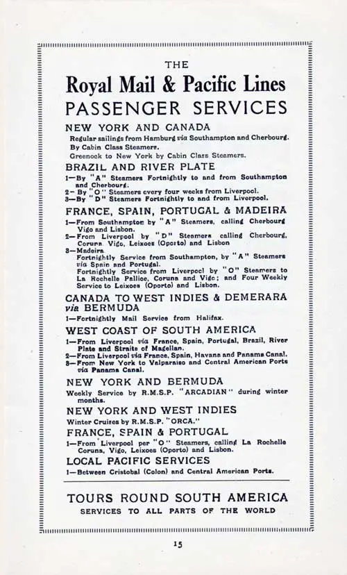 The Royal Mail & Pacific Lines Passenger Services, 1924-1925.