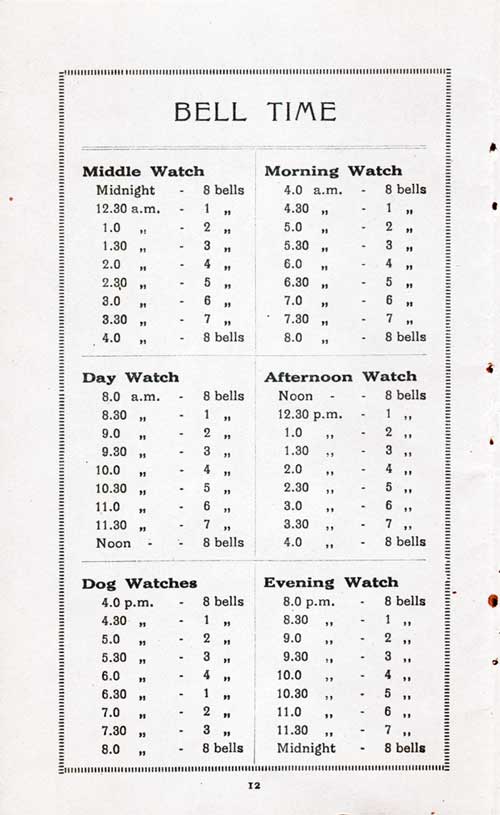 Bell time: Middle Watch, Morning Watch, Day Watch, Afternoon Watch, Dog Watches, and Evening Watch.