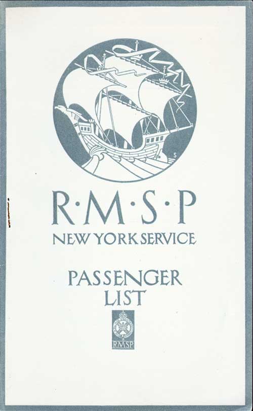 Front Cover - 26 July 1922 Passenger List, SS Orduña, Royal Mail Steam Packet Company (R.M.S.P.)