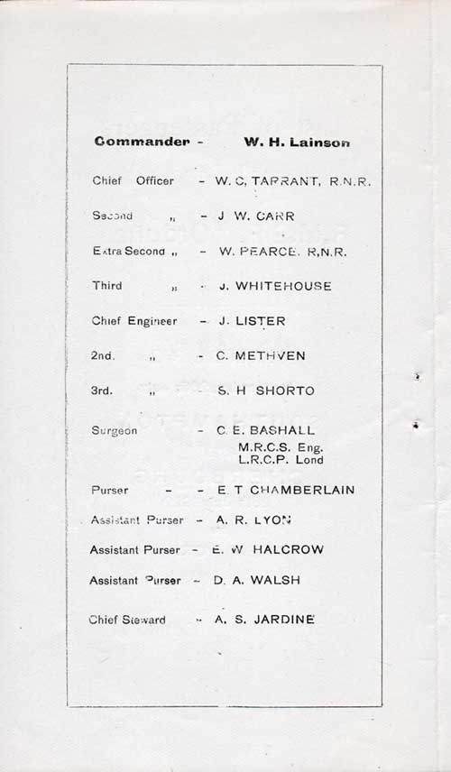 Senior Officers, RMSP Steamer SS Orduña for the Voyage of 28 July 1922.