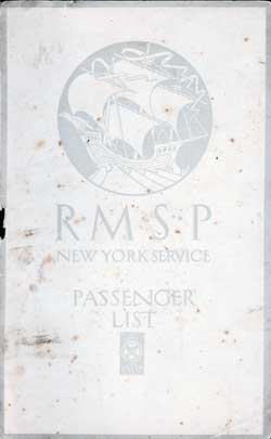 Front Cover, Cabin Passenger List for the SS Orduña of the Royal Mail Steam Packet Company (RMSP), Departing Tuesday, 27 March 1923 from Hamburg to Bermuda and New York.