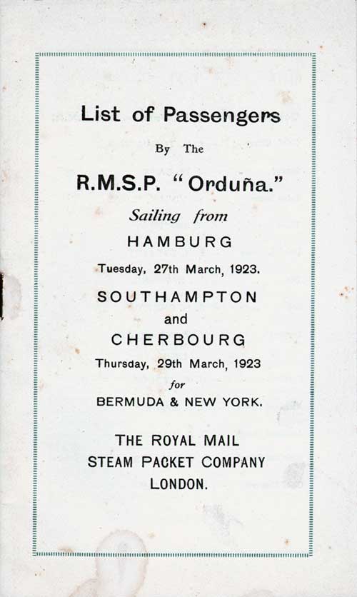 Title Page, SS Orduña Cabin Passenger List, 27 March 1923.