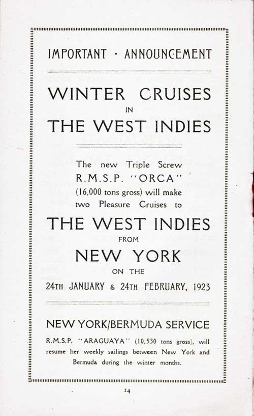 Advertisement: Winter Cruises in the West Indies on the RMSP Orca. New York-Bermuda Service on the RMSP Araguaya During the Winter Months.
