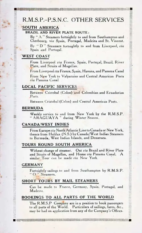 RMSP and PSNC Other Services, 1923. SS Orduña Passenger List, 27 March 1923.