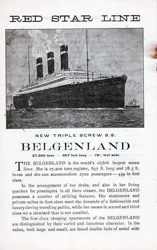 New Triple Screw SS Belgenland, 27,200 Tons, 697 Feet Long, 78.5 Feet Wide. SS Lapland Passenger List, 8 August 1923.