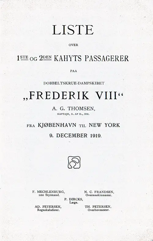 Title Page Including Senior Officers, SS Frederik VIII Cabin Passenger List, 8 December 1919.