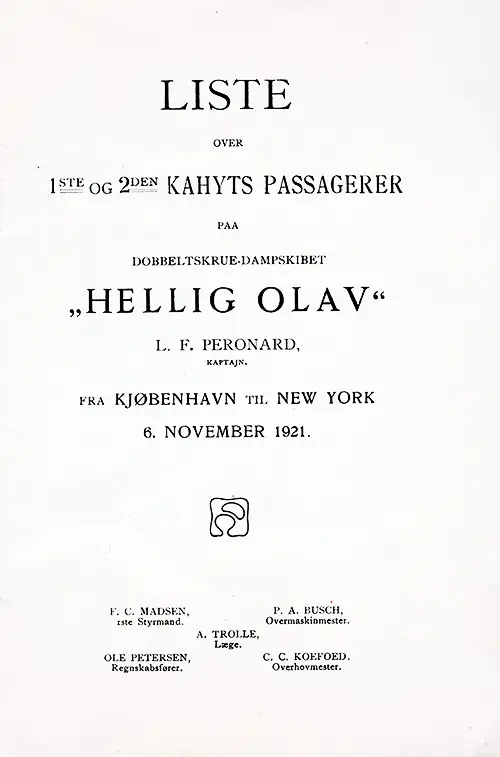 Title Page, SS Hellig Olav First and Second Cabin Passenger List, 6 November 1921.