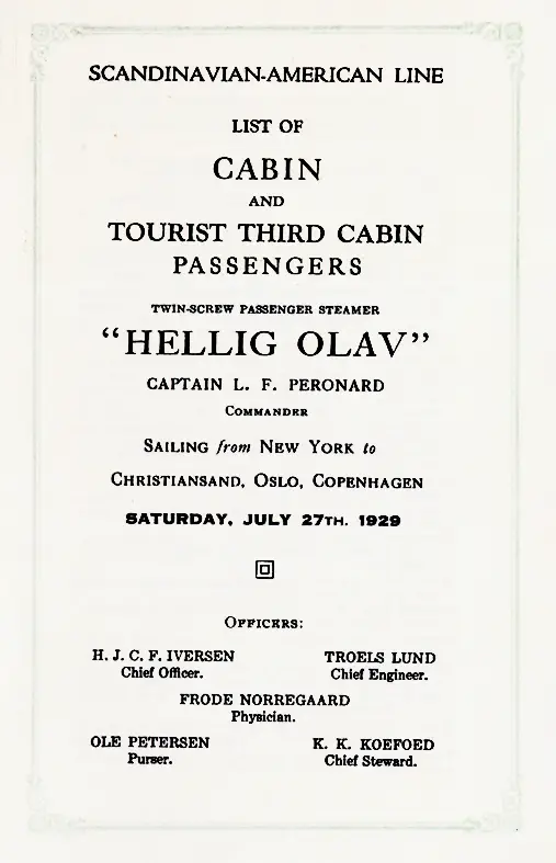 Title Page, SS Hellig Olav Cabin and Tourist Third Cabin Passenger List, 27 July 1929.