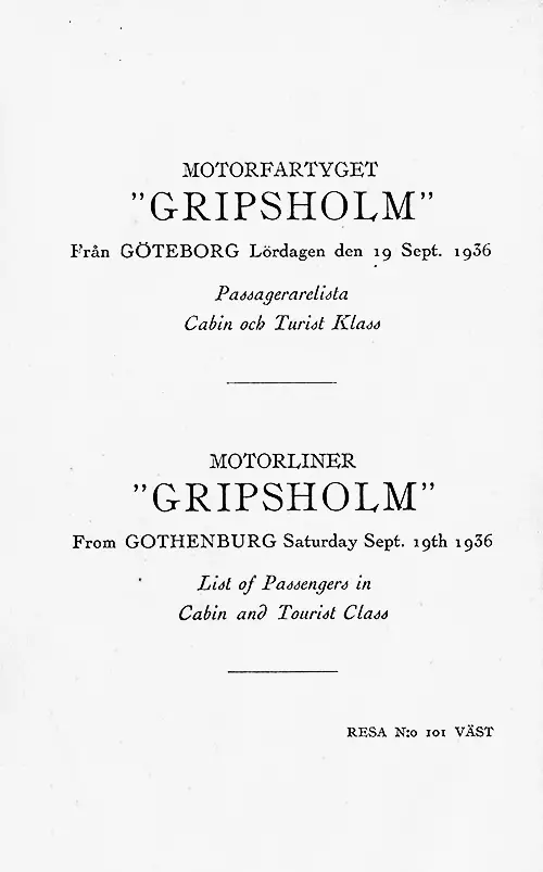 Title Page, MS Gripsholm Cabin and Tourist Class Passenger List, 19 September 1936.