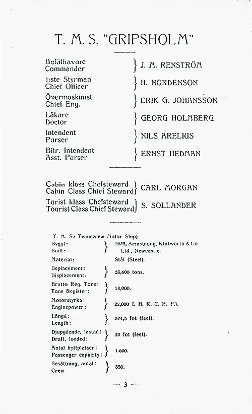 List of Senior Officers, MS Gripsholm Passenger List, 19 September 1936.