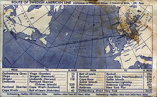 Route Map of the Swedish American Line Including Distances in Miles from Various Points.