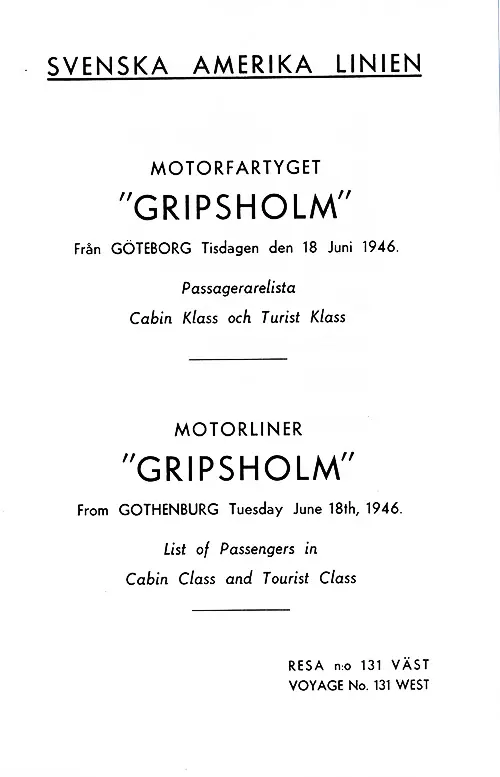 Title Page, MS Gripsholm Cabin and Tourist Class Passenger List, 18 June 1946.