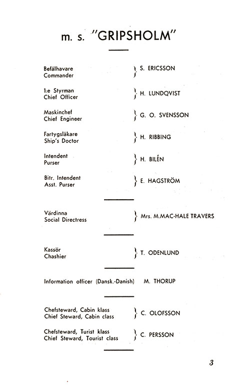 List of Senior Officers and Staff, MS Gripsholm Cabin and Tourist Class Passenger List, 18 June 1946.