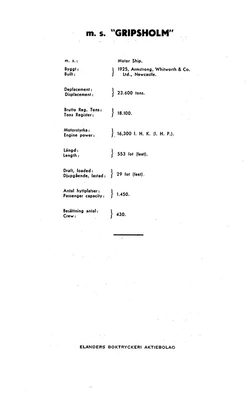 MS Gripsholm Ship Specifications. MS Gripsholm Passenger List, 18 June 1946.