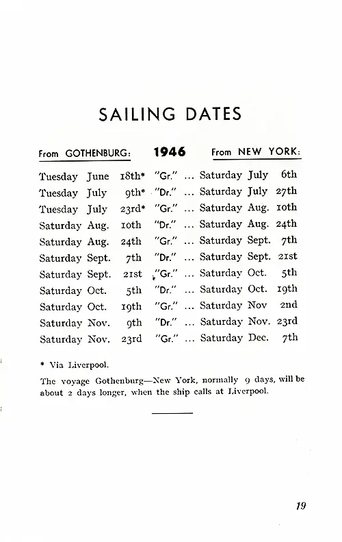 Sailing Schedule, Gothenborg-New York, from 18 June 1946 to 7 December 1946.