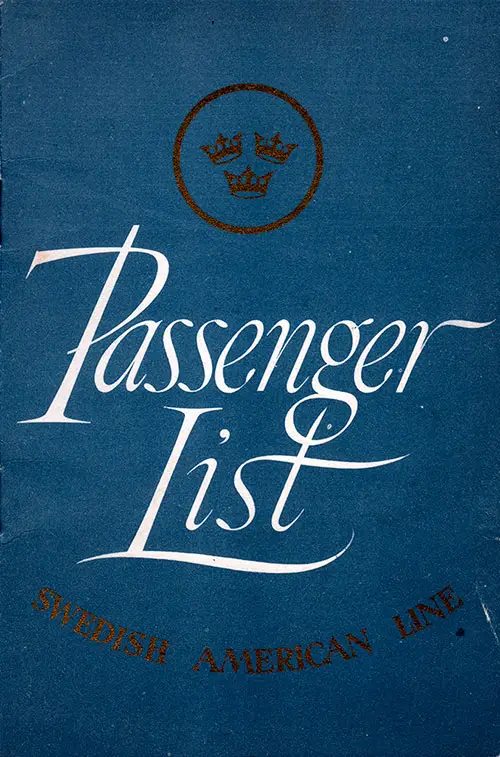 Front Cover, First Class Passenger List for the SS Gripsholm of the Swedish American Line, Departing 21 June 1950 from Gothenburg to New York.