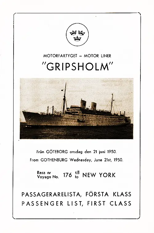 Title Page, MS Gripsholm First Class Passenger List, Voyage 176 Westbound, 21 June 1950.