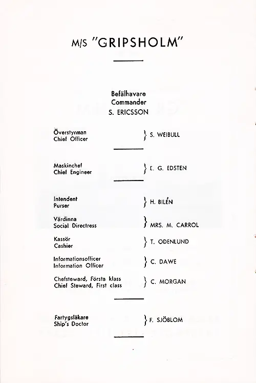 Senior Officers and Staff, MS Gripsholm Passenger List 21 June 1950.