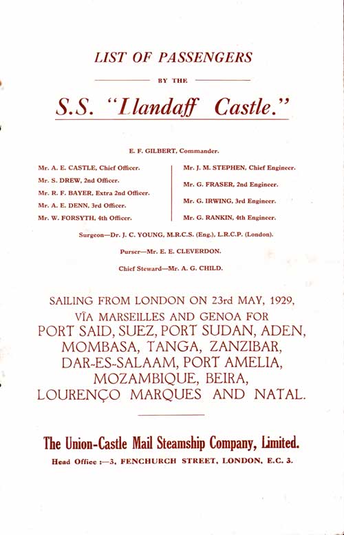 Title Page Including List of Senior Officers and Staff, SS Llandaff Castle First Class Passenger List, 23 May 1929.