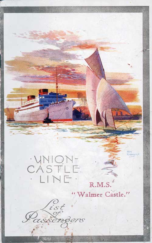 Front Cover of a Cabin Passenger List for the RMS Walmer Castle of the Union-Castle Line, Departing 29 November 1929 from Capetown to Southampton.