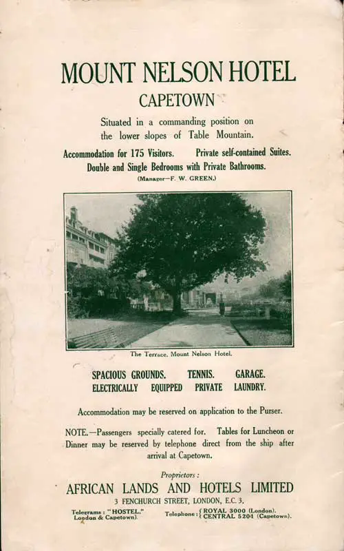 Advertisement for the Mount Nelson Hotel in Cape Town Appearing in the 29 November 1929 Walmer Castle Passenger List.