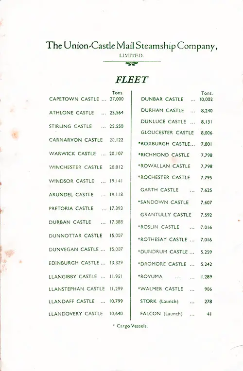 Union-Castle Line Fleet List, July 1939.