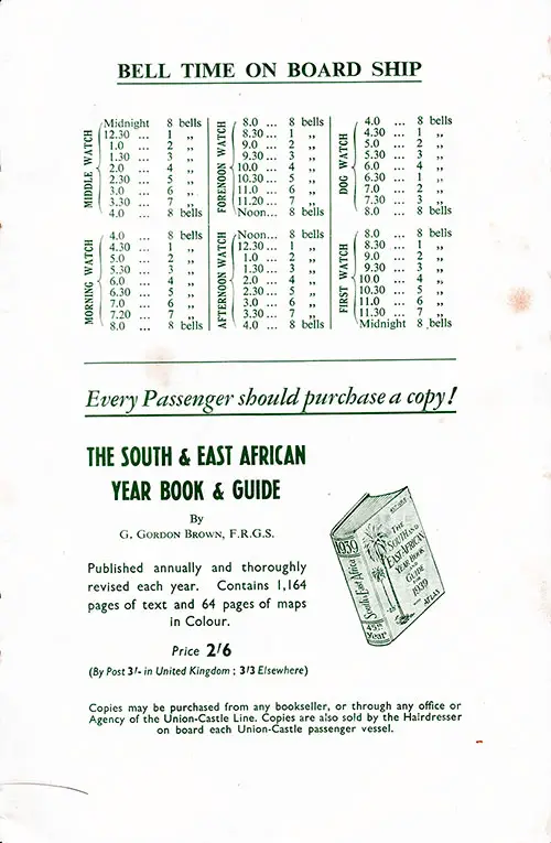 Bell Time on Board Ship, SS Windsor Castle Passenger List, 14 July 1939.