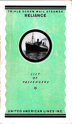 Front Cover, Cabin Passenger List for the SS Reliance of the United American Lines, Departing 15 November 1922 from Hamburg to New York.