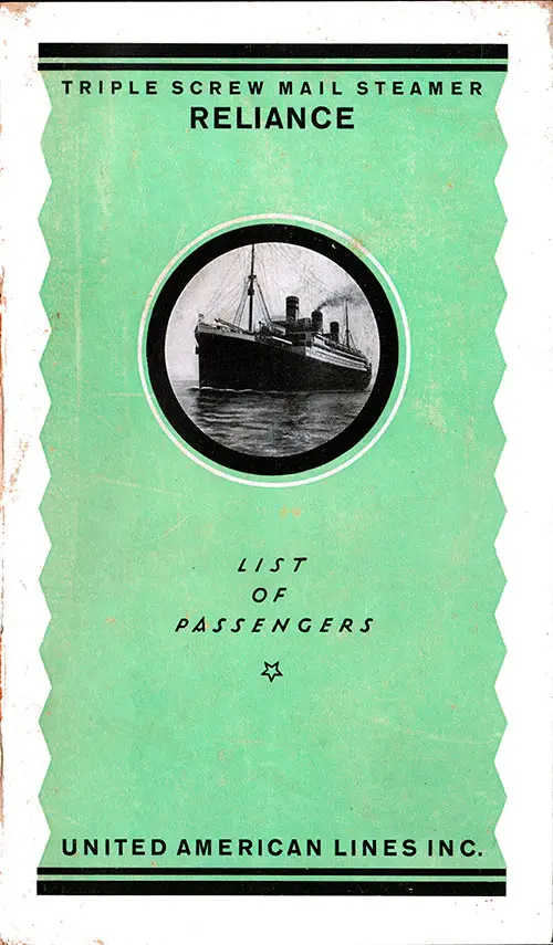 Front Cover, Cabin Passenger List for the SS Reliance of the United American Lines, Departing 15 November 1922 from Hamburg to New York.